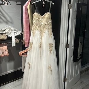 Prom dress, off white with gold trimmings